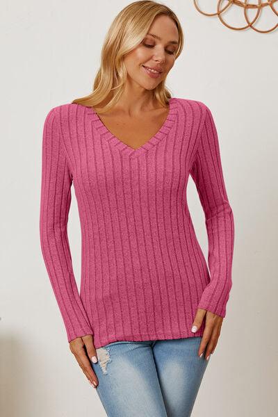 Get trendy with Full Size Ribbed V-Neck Long Sleeve T-Shirt - available at Styles Code. Grab yours today!