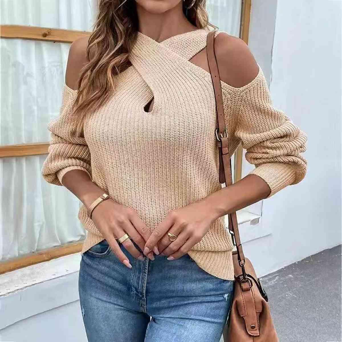 Get trendy with Crisscross Cold-Shoulder Sweater - Sweater available at Styles Code. Grab yours today!