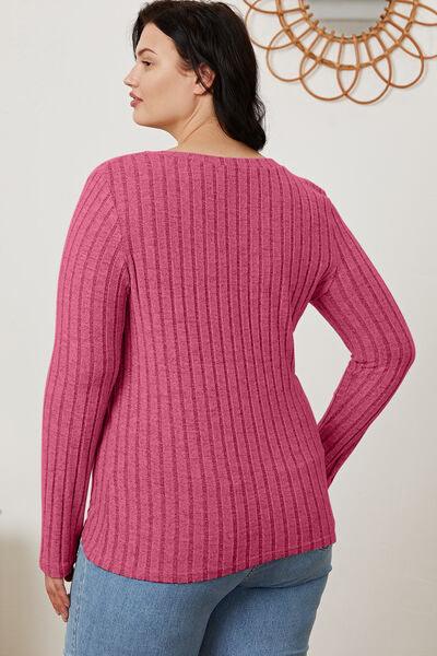 Get trendy with Full Size Ribbed V-Neck Long Sleeve T-Shirt - available at Styles Code. Grab yours today!