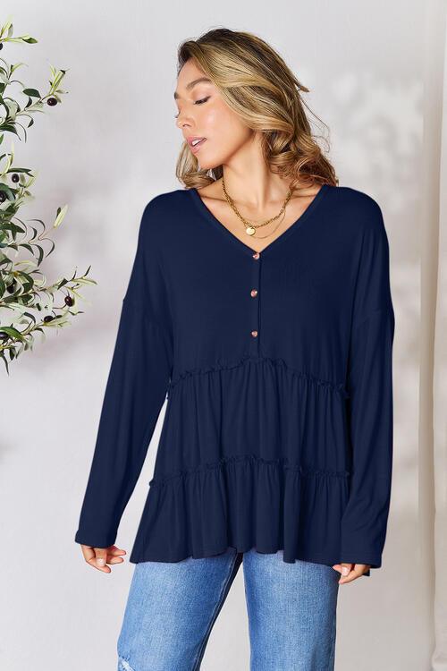 Get trendy with Half Button Ruffle Hem Blouse - Blouse available at Styles Code. Grab yours today!