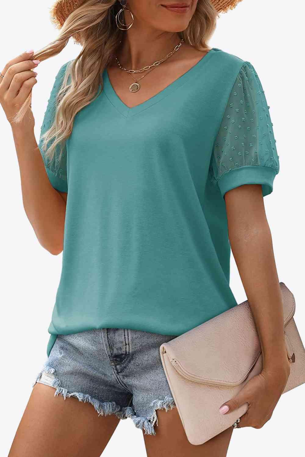 Get trendy with Swiss Dot Puff Sleeve V-Neck Tee - T-Shirt available at Styles Code. Grab yours today!
