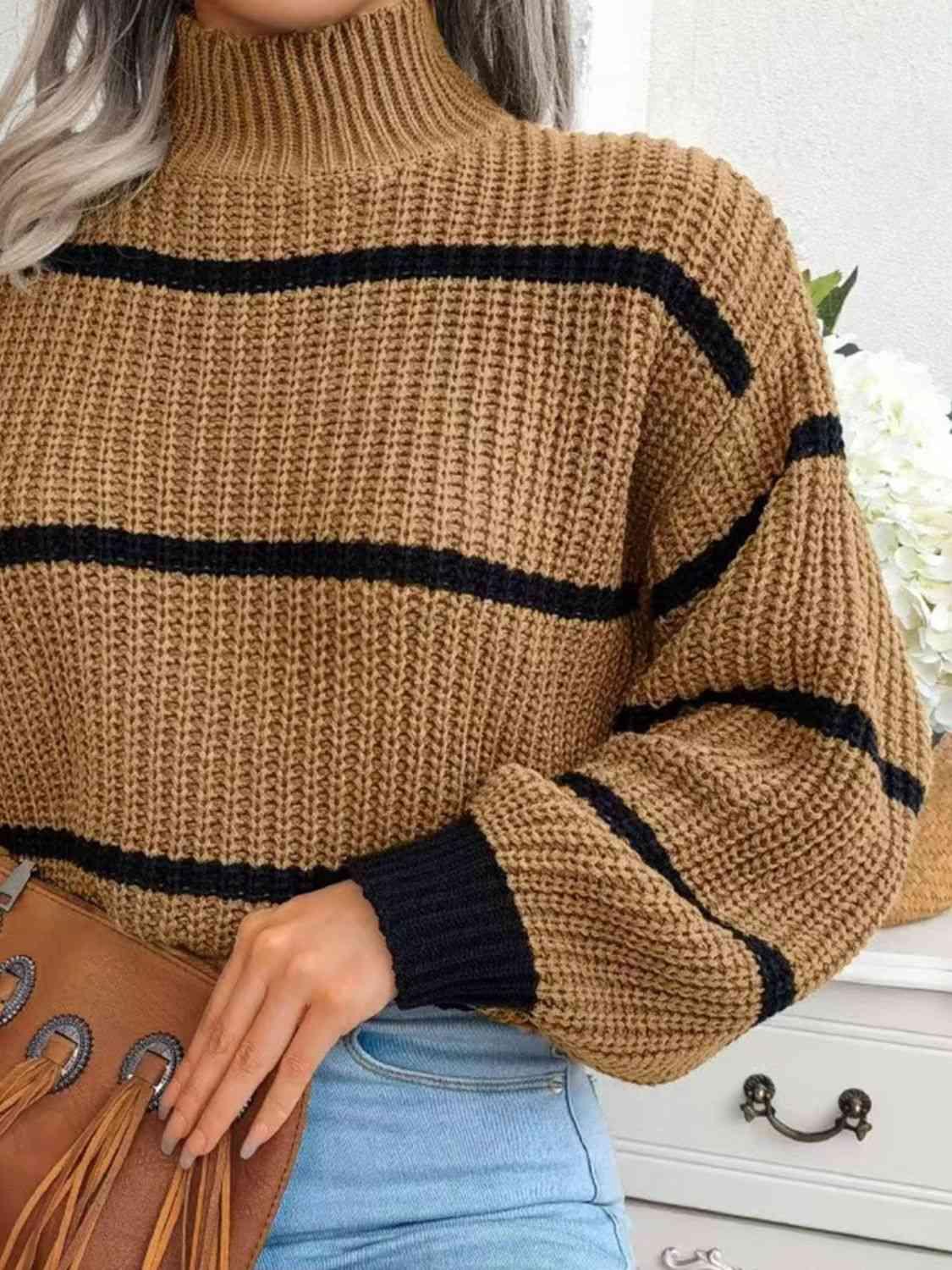 Get trendy with Striped Mock Neck Dropped Shoulder Sweater - Sweater available at Styles Code. Grab yours today!