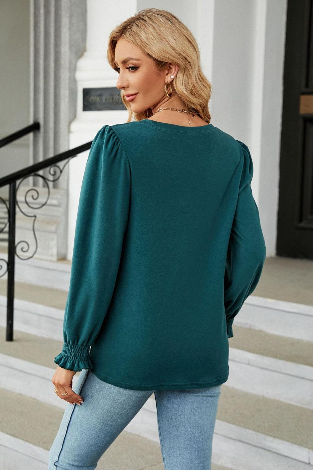 Get trendy with Round Neck Smocked Flounce Sleeve Blouse - Tops available at Styles Code. Grab yours today!