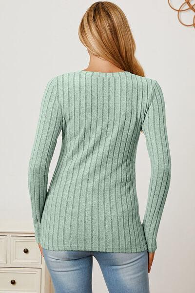 Get trendy with Full Size Ribbed V-Neck Long Sleeve T-Shirt - available at Styles Code. Grab yours today!