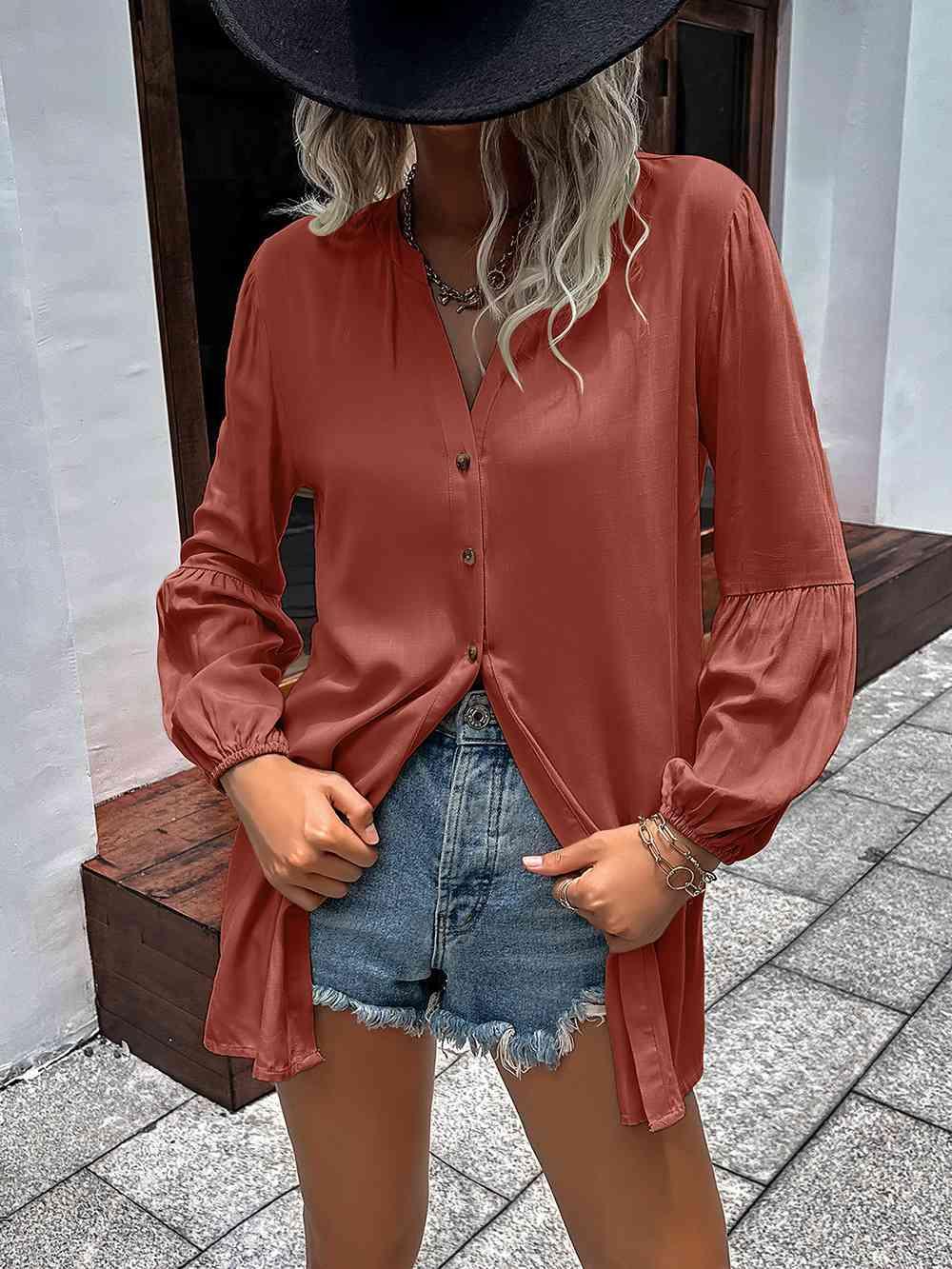 Get trendy with Notched Neck Balloon Sleeve Shirt - Shirt available at Styles Code. Grab yours today!