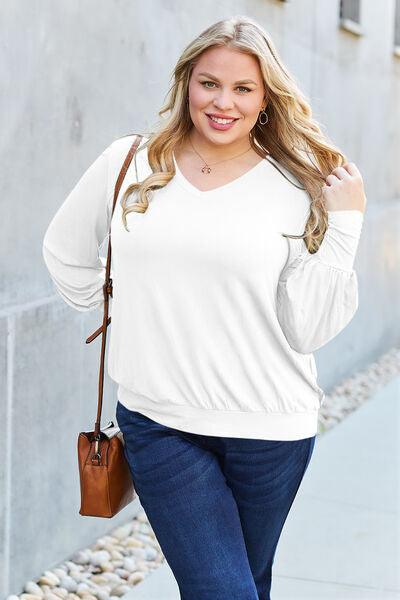 Get trendy with Basic Bae Full Size V-Neck Lantern Sleeve Blouse - Blouse available at Styles Code. Grab yours today!