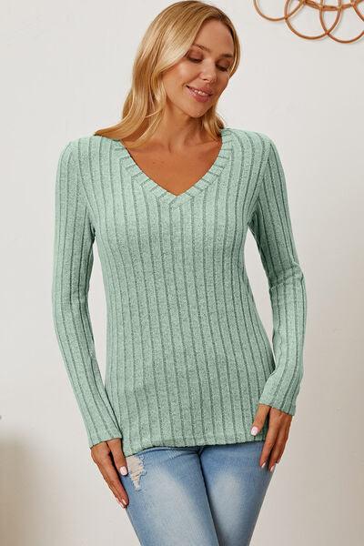 Get trendy with Full Size Ribbed V-Neck Long Sleeve T-Shirt - available at Styles Code. Grab yours today!