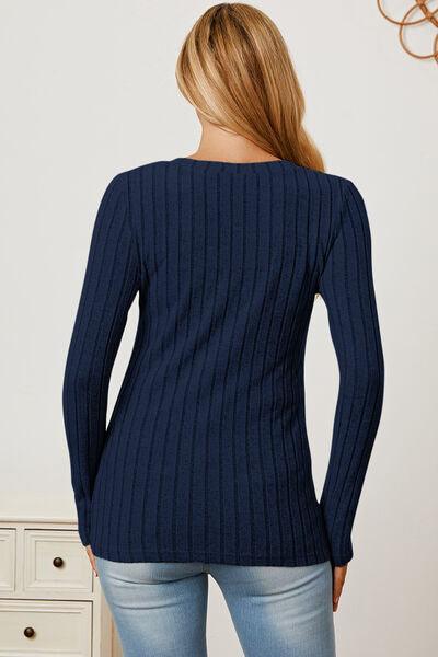 Get trendy with Full Size Ribbed V-Neck Long Sleeve T-Shirt - available at Styles Code. Grab yours today!