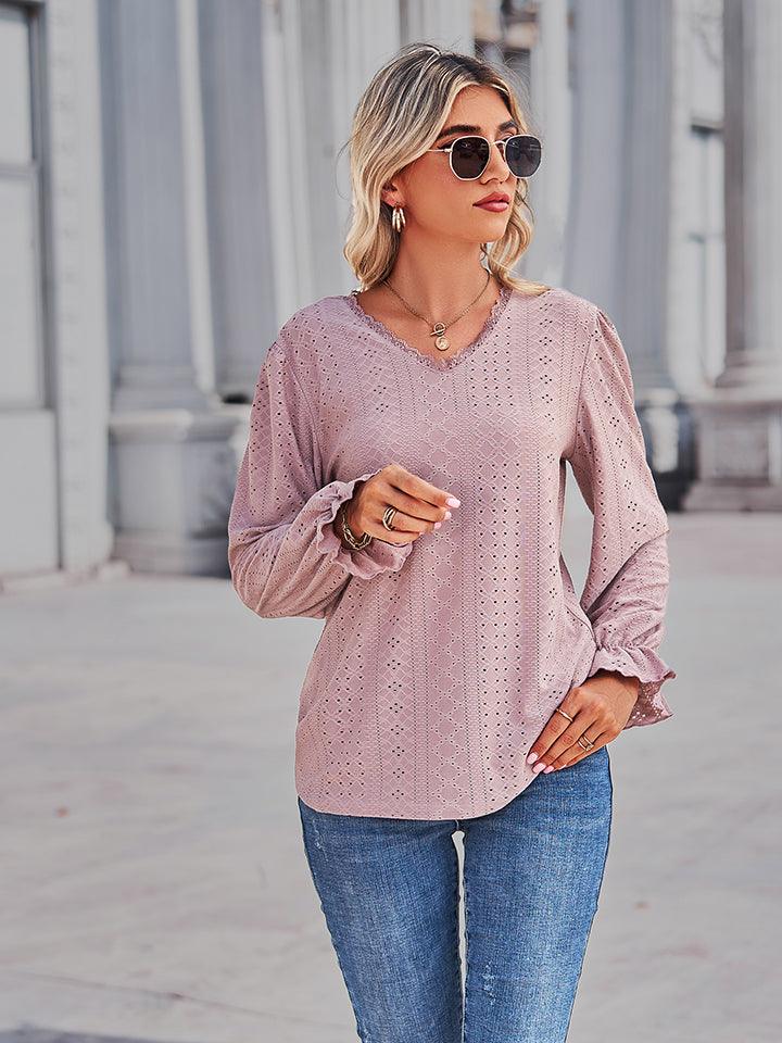 Get trendy with V-Neck Flounce Sleeve Blouse - Tops available at Styles Code. Grab yours today!