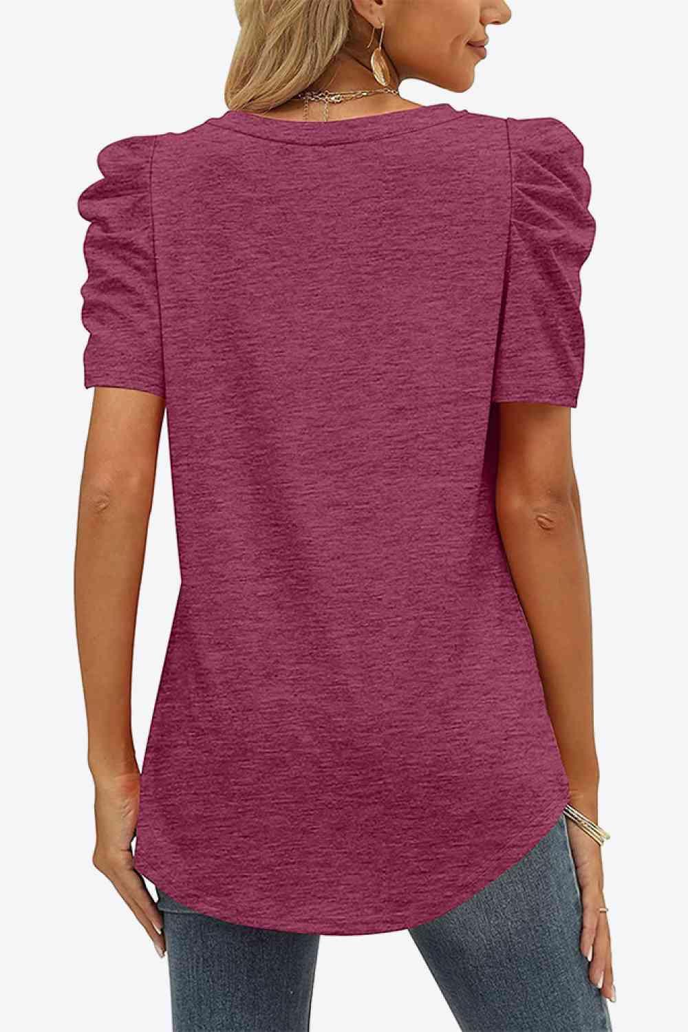 Get trendy with V-Neck Puff Sleeve Tee - T-Shirt available at Styles Code. Grab yours today!