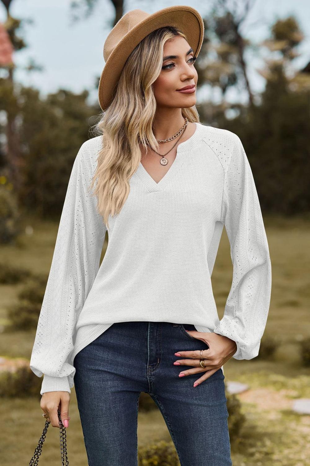Get trendy with Notched Neck Raglan Sleeve Blouse - Tops available at Styles Code. Grab yours today!