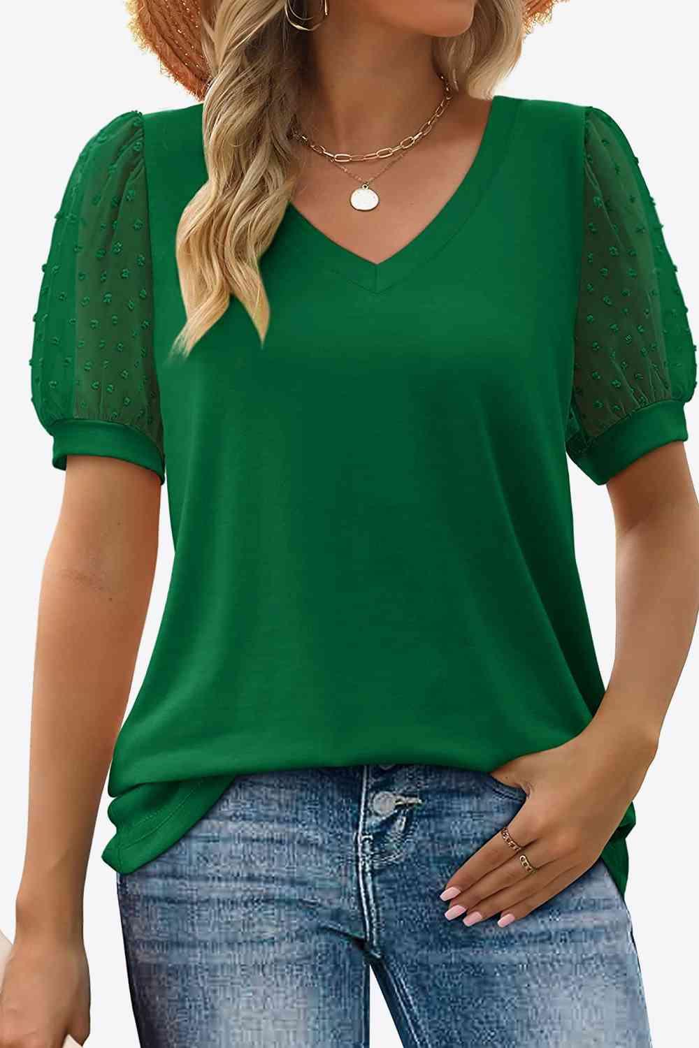 Get trendy with Swiss Dot Puff Sleeve V-Neck Tee - T-Shirt available at Styles Code. Grab yours today!