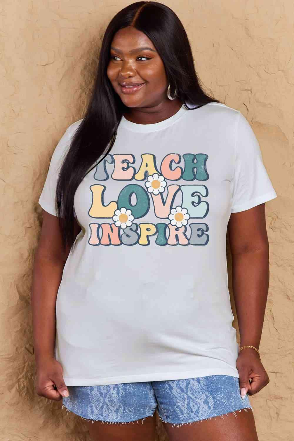 Get trendy with Full Size TEACH LOVE INSPIRE Graphic Cotton T-Shirt - T-Shirt available at Styles Code. Grab yours today!