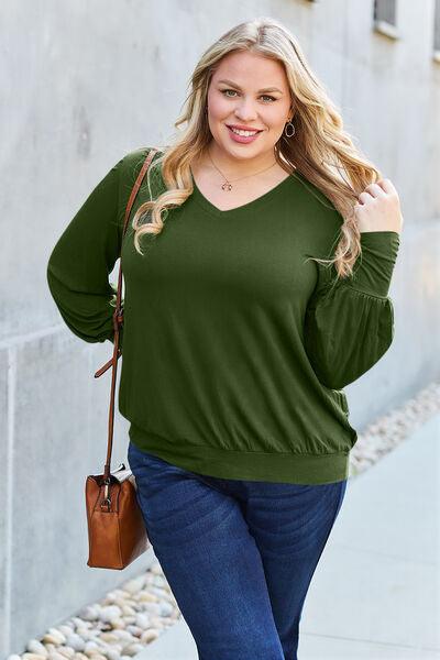 Get trendy with Full Size V-Neck Lantern Sleeve Blouse - Blouse available at Styles Code. Grab yours today!