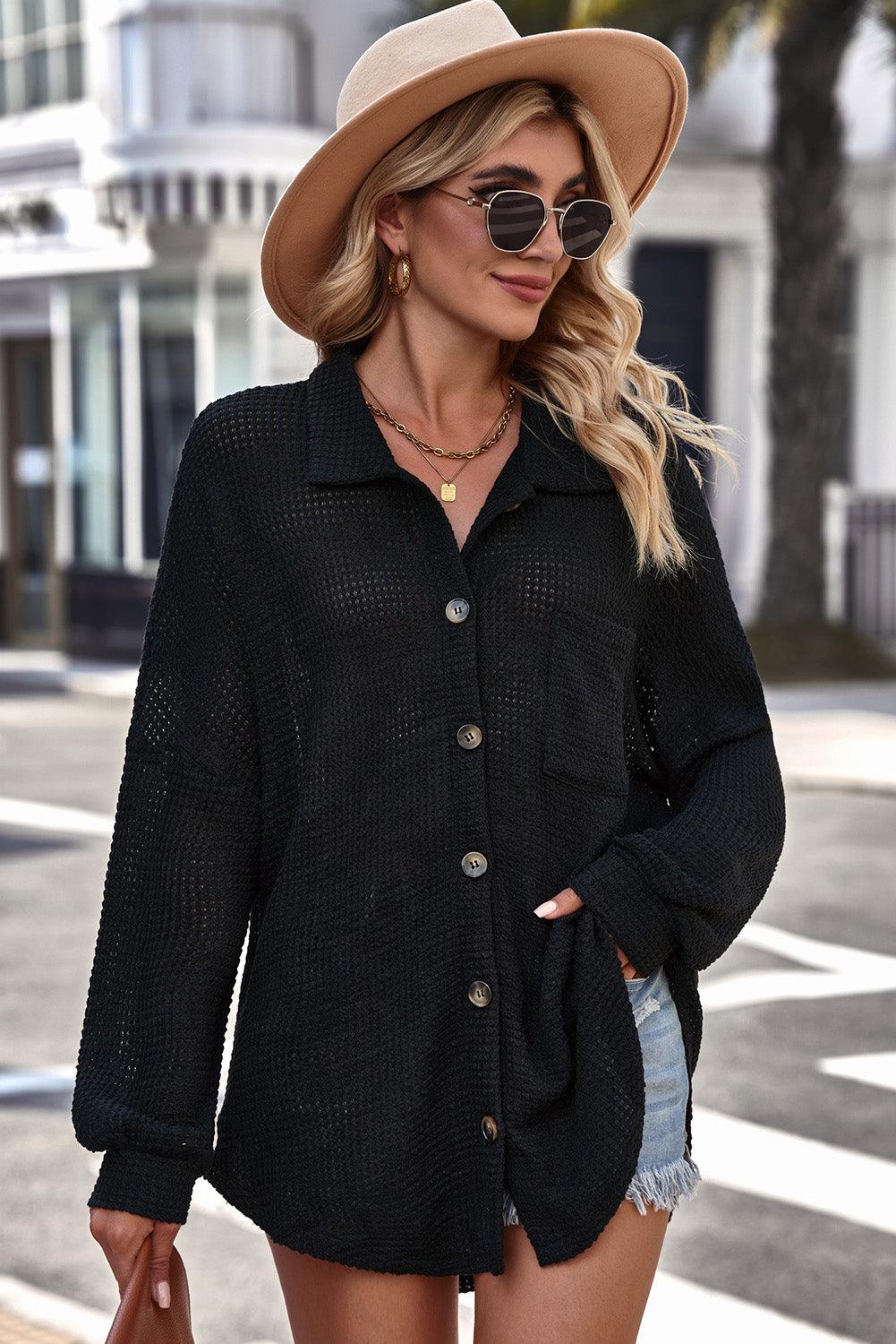 Get trendy with Waffle-Knit Collared Neck Dropped Shoulder Shirt - Tops available at Styles Code. Grab yours today!