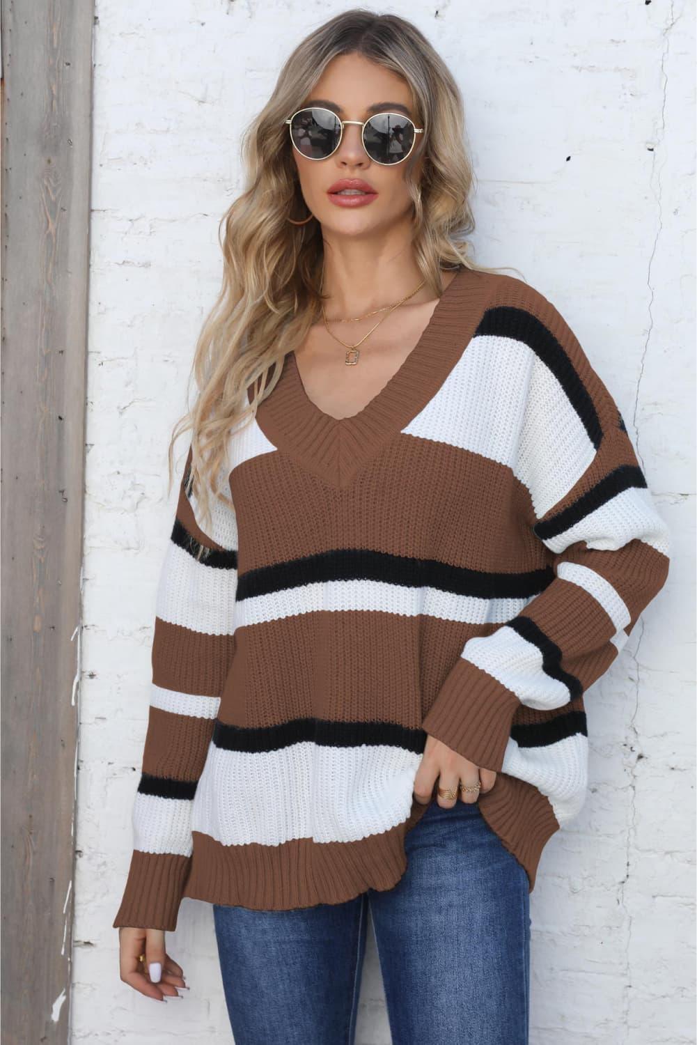 Get trendy with Color Block V-Neck Dropped Shoulder Sweater - Sweater available at Styles Code. Grab yours today!