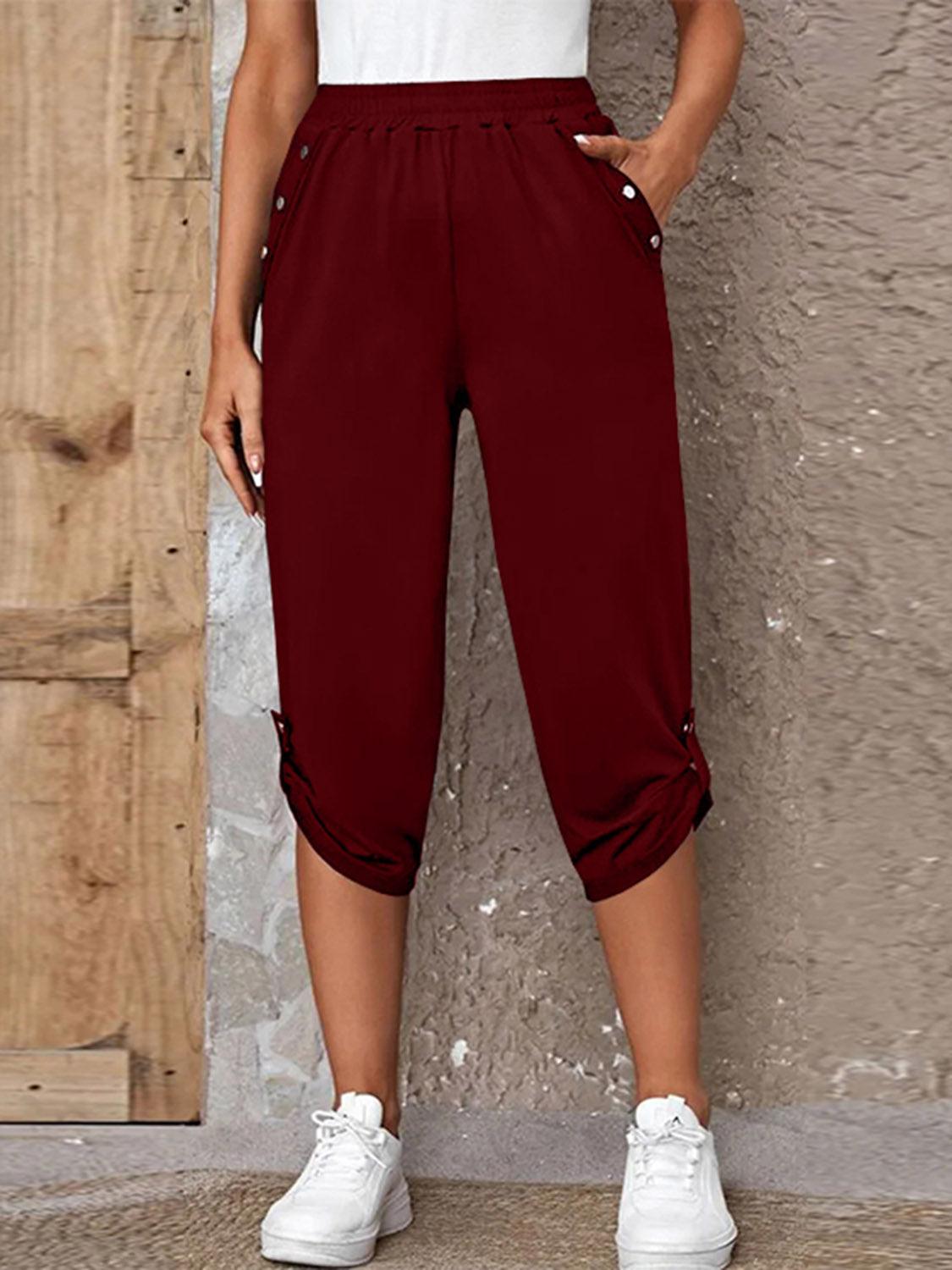 Get trendy with Full Size Roll-Tab Capris Pants - Bottoms available at Styles Code. Grab yours today!