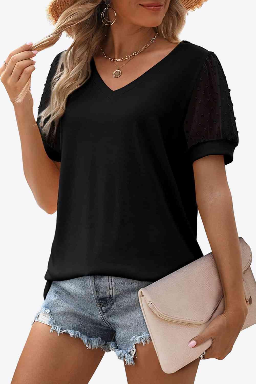 Get trendy with Swiss Dot Puff Sleeve V-Neck Tee - T-Shirt available at Styles Code. Grab yours today!