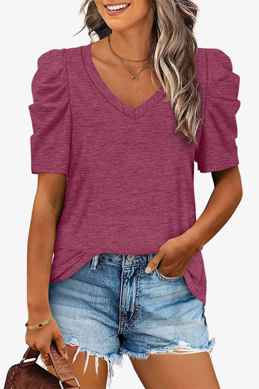 Get trendy with V-Neck Puff Sleeve Tee - T-Shirt available at Styles Code. Grab yours today!