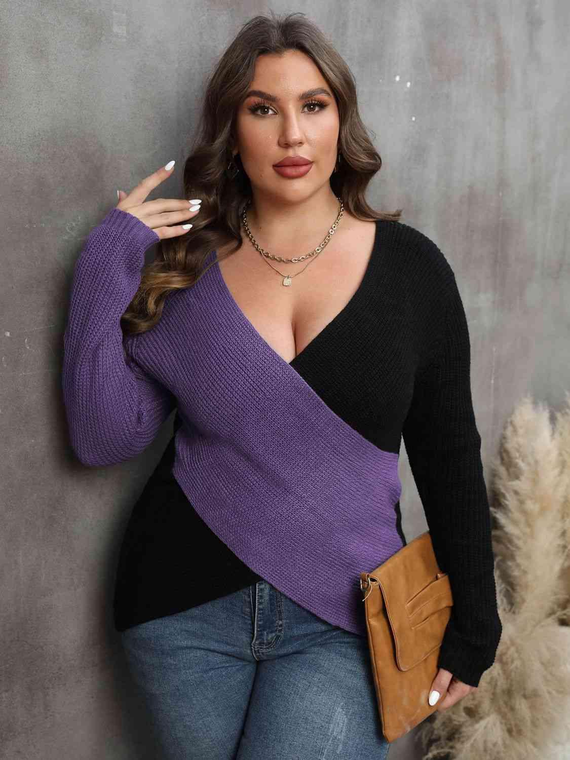 Get trendy with Plus Size Two-Tone Surplice Neck Sweater - Sweater available at Styles Code. Grab yours today!