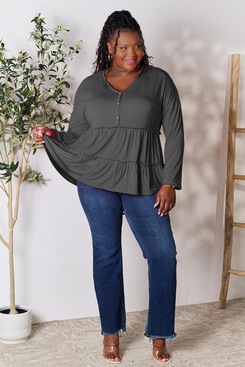 Get trendy with Half Button Ruffle Hem Blouse - Blouse available at Styles Code. Grab yours today!