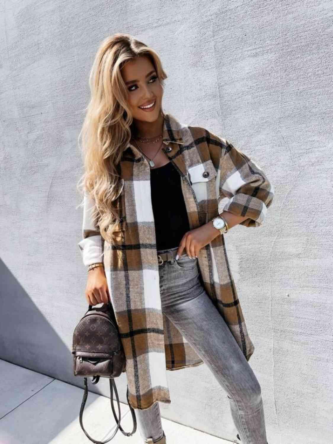 Get trendy with Plaid Collared Neck Longline Shirt - Shirt available at Styles Code. Grab yours today!