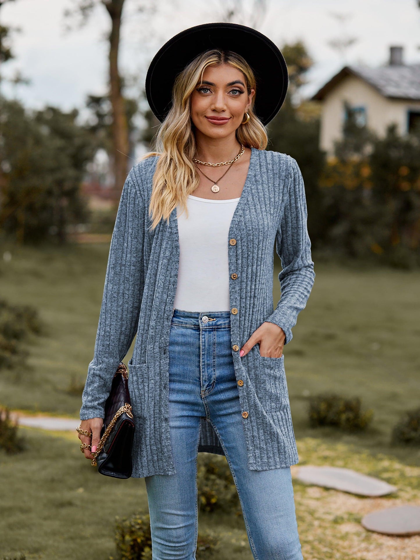 Get trendy with Ribbed Button-UP Cardigan with Pockets - Tops available at Styles Code. Grab yours today!