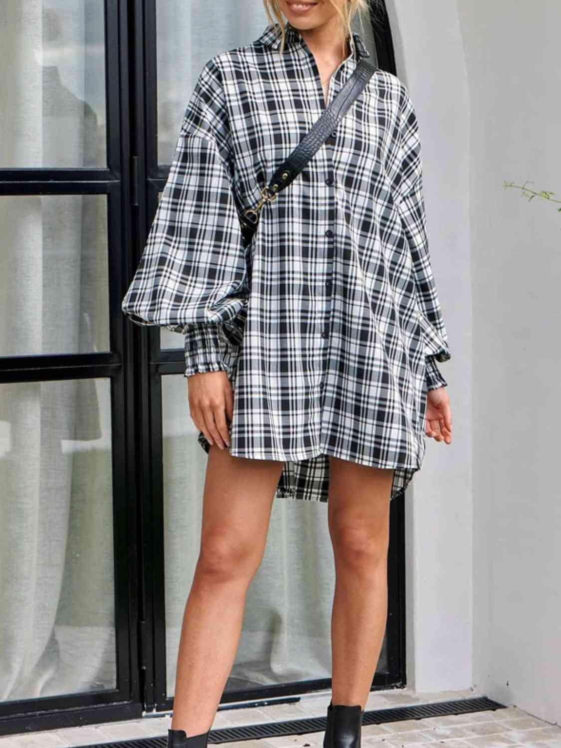 Get trendy with Plaid Lantern Sleeve Shirt - Shirt available at Styles Code. Grab yours today!
