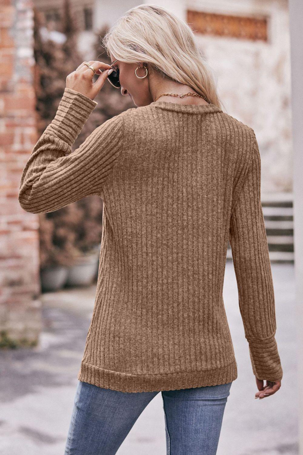 Get trendy with V-Neck Long Sleeve Ribbed Top - Tops available at Styles Code. Grab yours today!