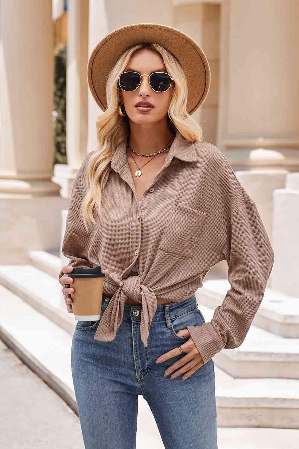 Get trendy with Collared Neck Dropped Shoulder Shirt - Shirt available at Styles Code. Grab yours today!