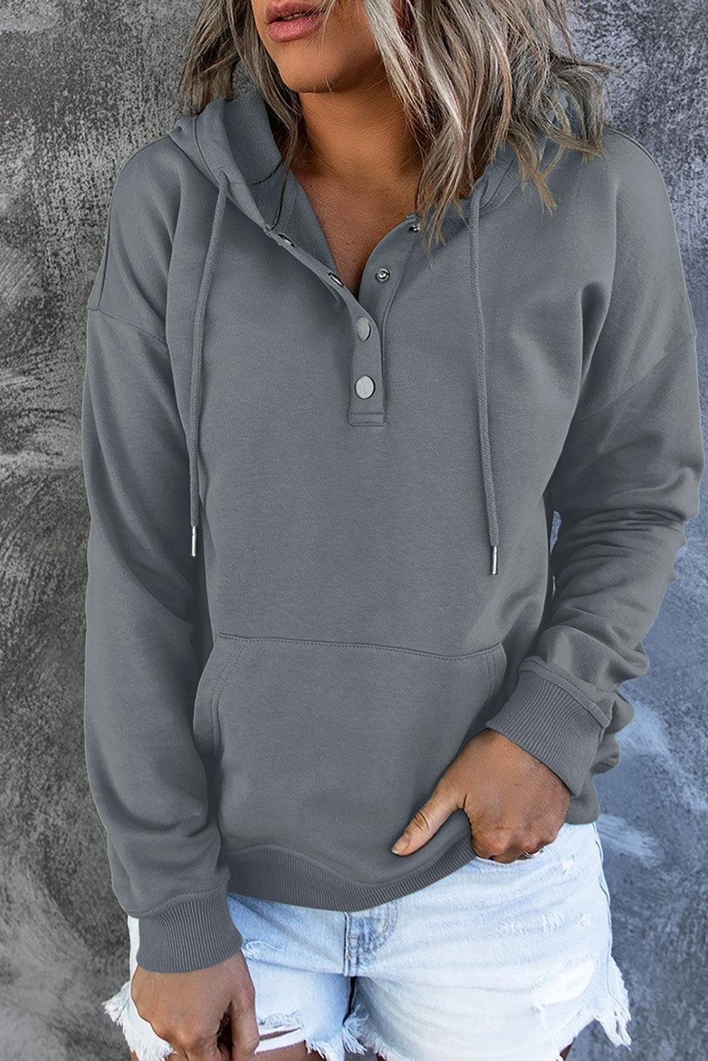 Get trendy with Dropped Shoulder Long Sleeve Hoodie with Pocket - Tops available at Styles Code. Grab yours today!