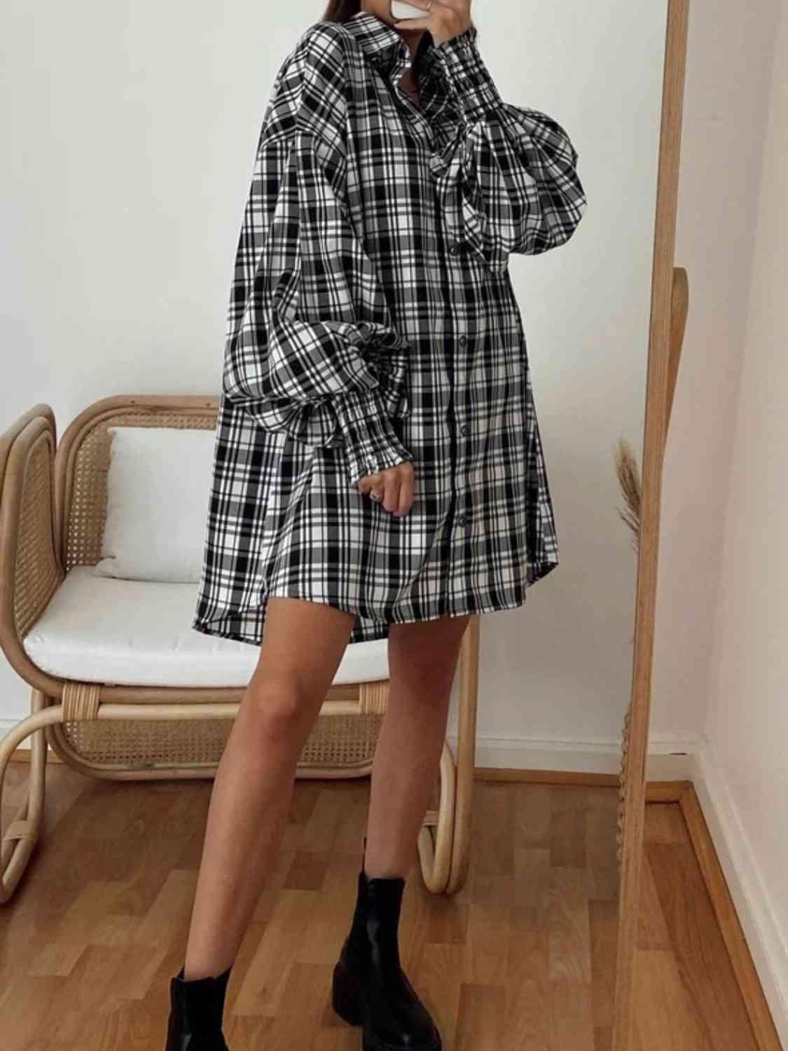 Get trendy with Plaid Lantern Sleeve Shirt - Shirt available at Styles Code. Grab yours today!