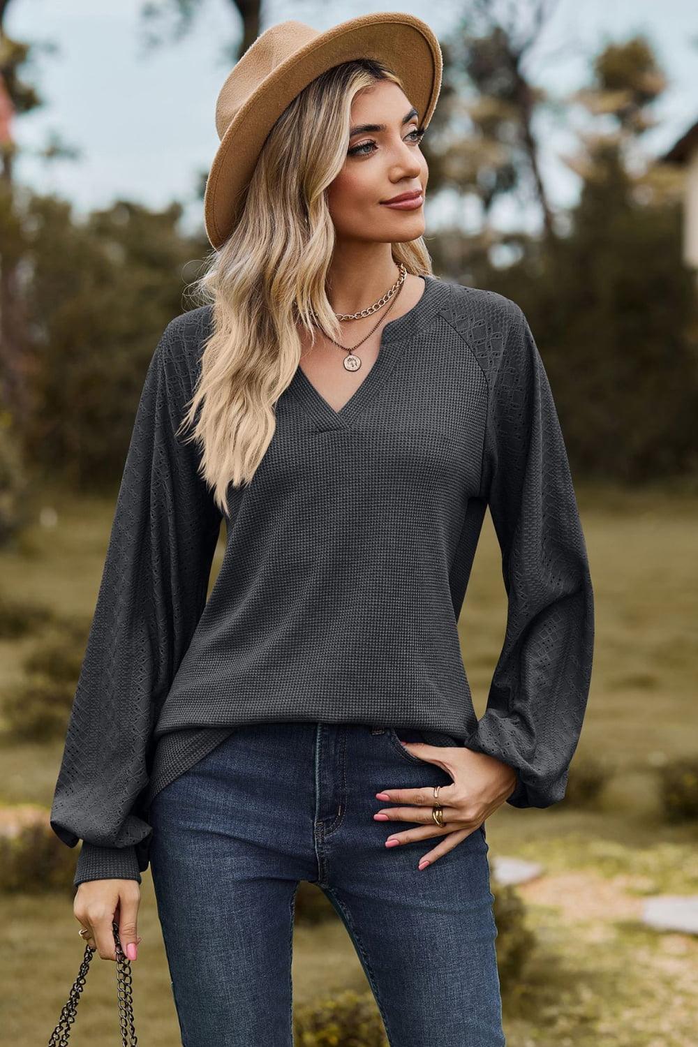 Get trendy with Notched Neck Raglan Sleeve Blouse - Tops available at Styles Code. Grab yours today!