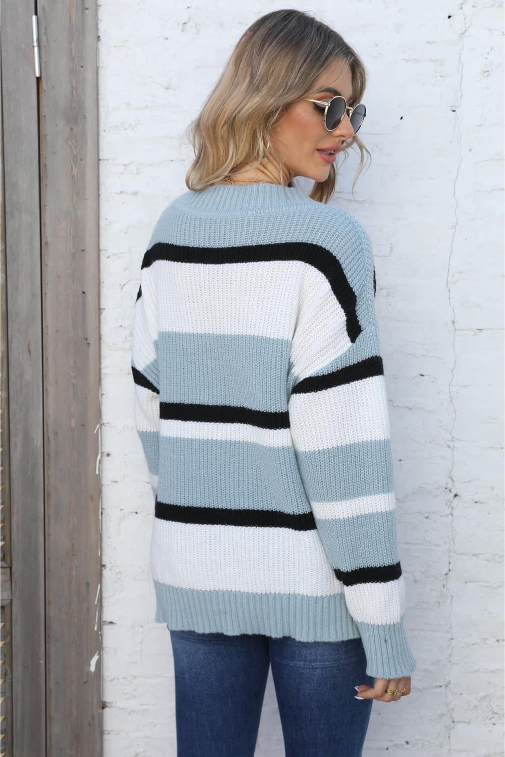 Get trendy with Color Block V-Neck Dropped Shoulder Sweater - Sweater available at Styles Code. Grab yours today!