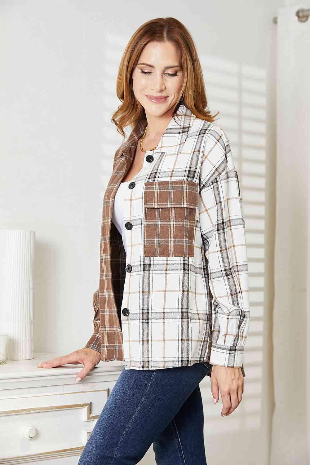 Get trendy with Plaid Contrast Button Up Shirt Jacket - Shirt available at Styles Code. Grab yours today!