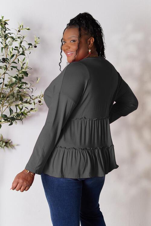 Get trendy with Half Button Ruffle Hem Blouse - Blouse available at Styles Code. Grab yours today!
