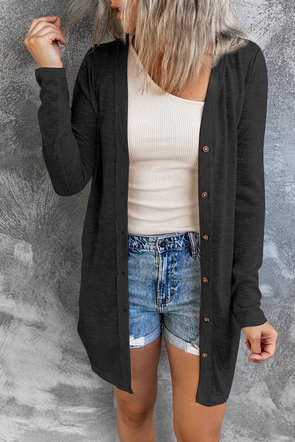 Get trendy with Button Down Long Sleeve Cardigan - Tops available at Styles Code. Grab yours today!
