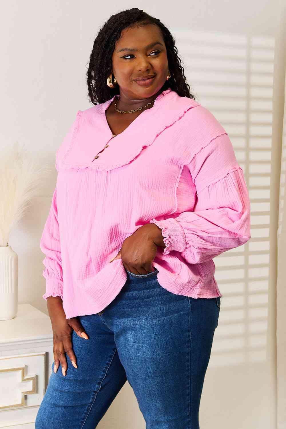 Get trendy with Exposed Seam Buttoned Notched Neck Blouse - Tops available at Styles Code. Grab yours today!