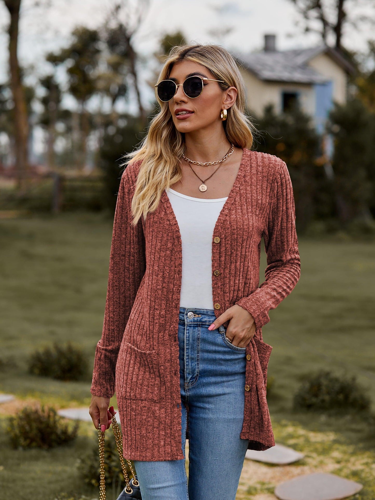 Get trendy with Ribbed Button-UP Cardigan with Pockets - Tops available at Styles Code. Grab yours today!