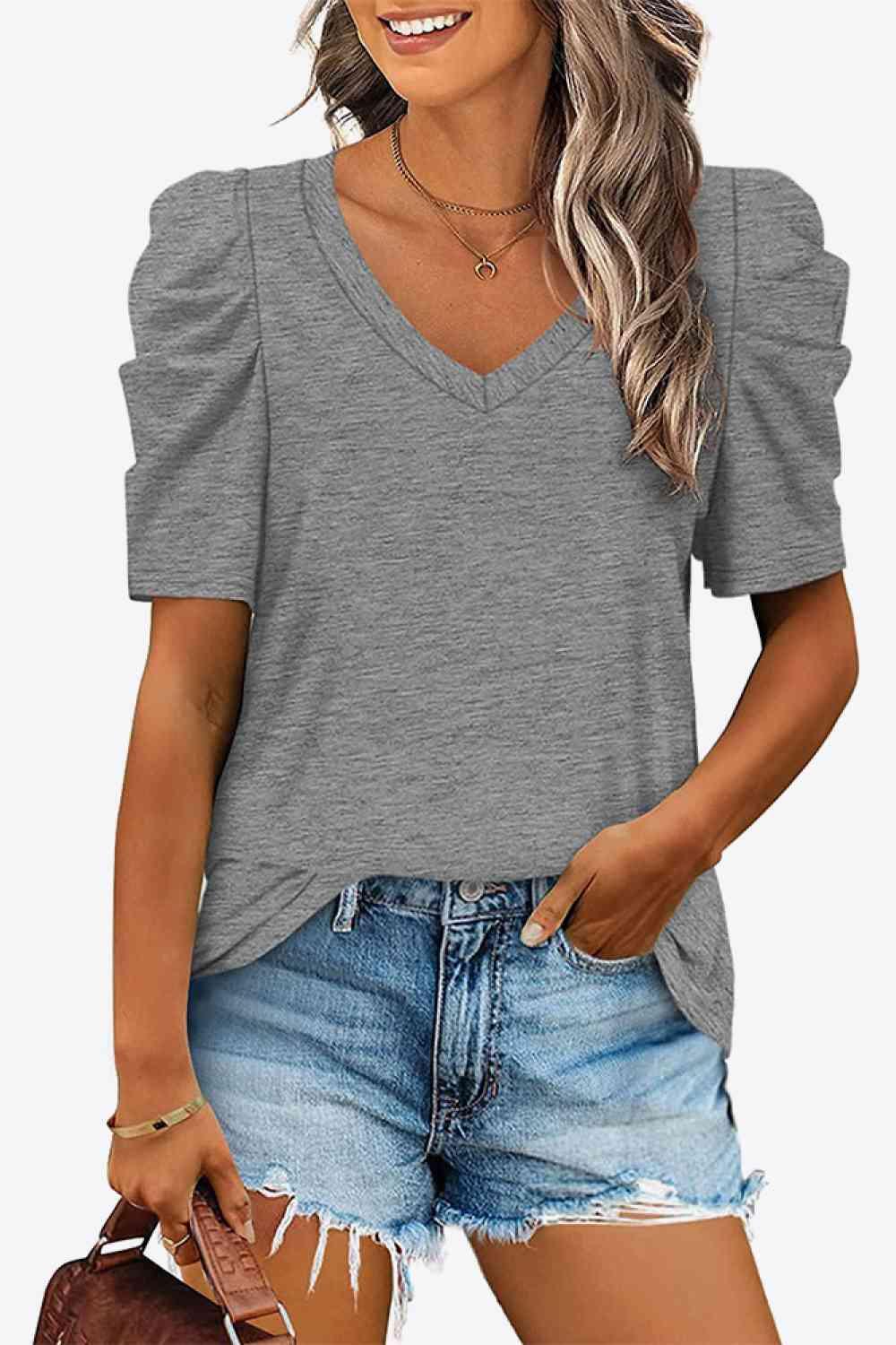 Get trendy with V-Neck Puff Sleeve Tee - T-Shirt available at Styles Code. Grab yours today!