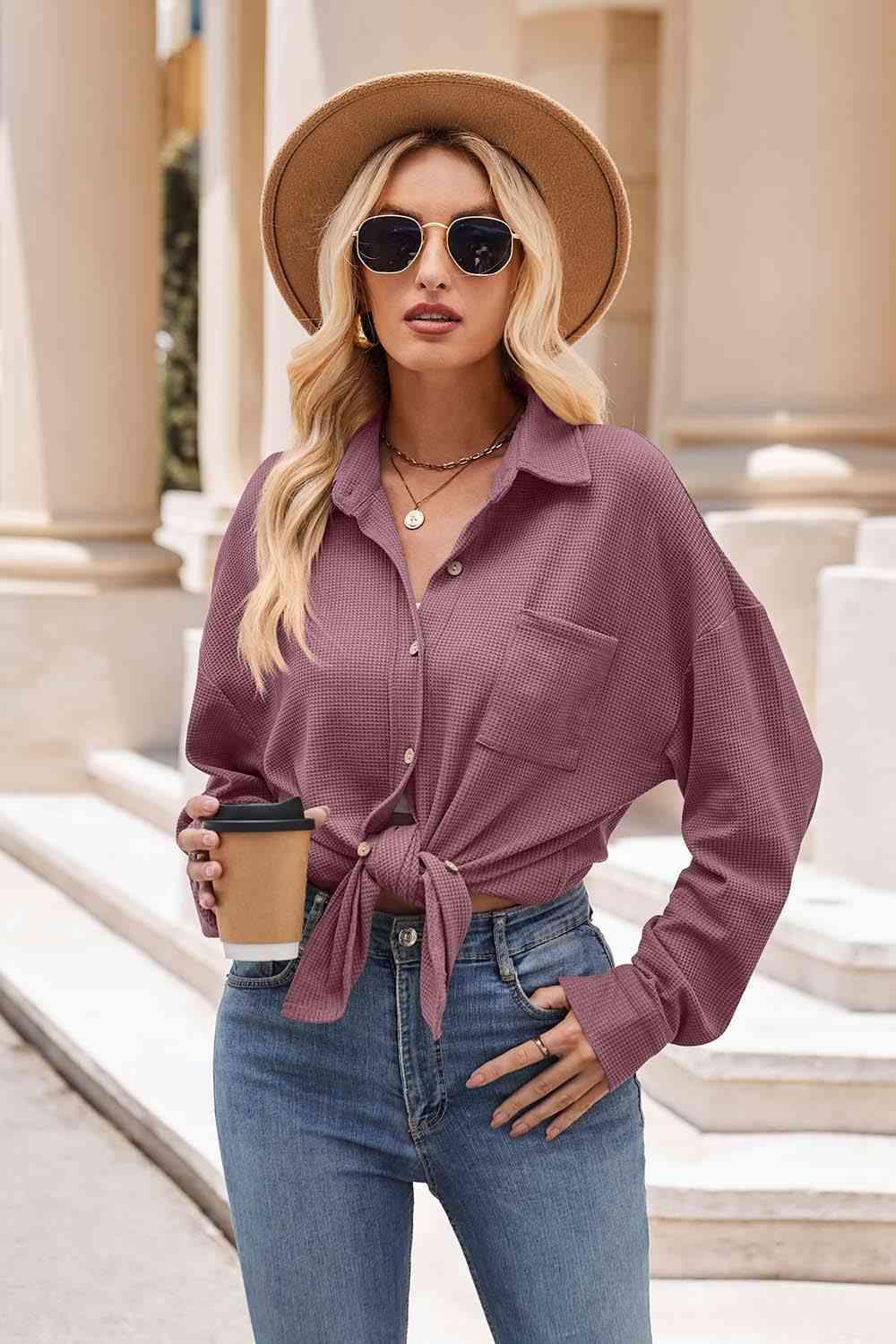 Get trendy with Collared Neck Dropped Shoulder Shirt - Shirt available at Styles Code. Grab yours today!