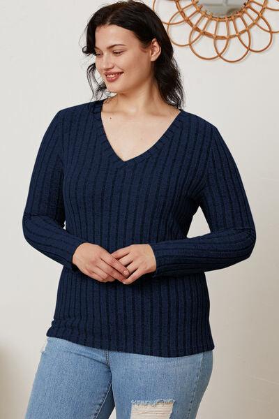 Get trendy with Full Size Ribbed V-Neck Long Sleeve T-Shirt - available at Styles Code. Grab yours today!