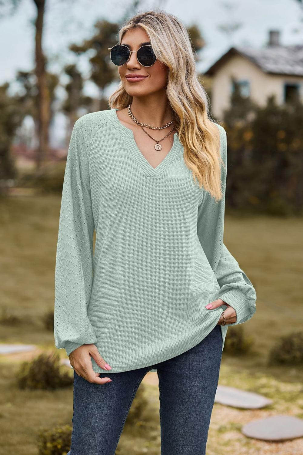 Get trendy with Notched Neck Raglan Sleeve Blouse - Tops available at Styles Code. Grab yours today!