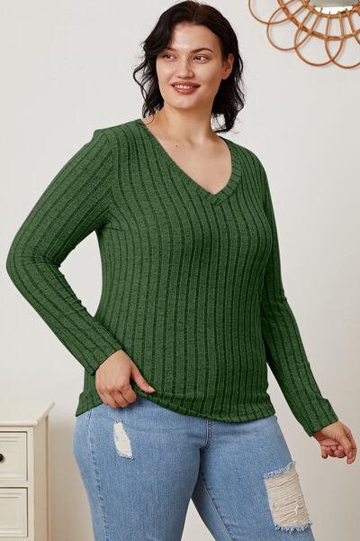 Get trendy with Basic Bae Full Size Ribbed V-Neck Long Sleeve T-Shirt - available at Styles Code. Grab yours today!