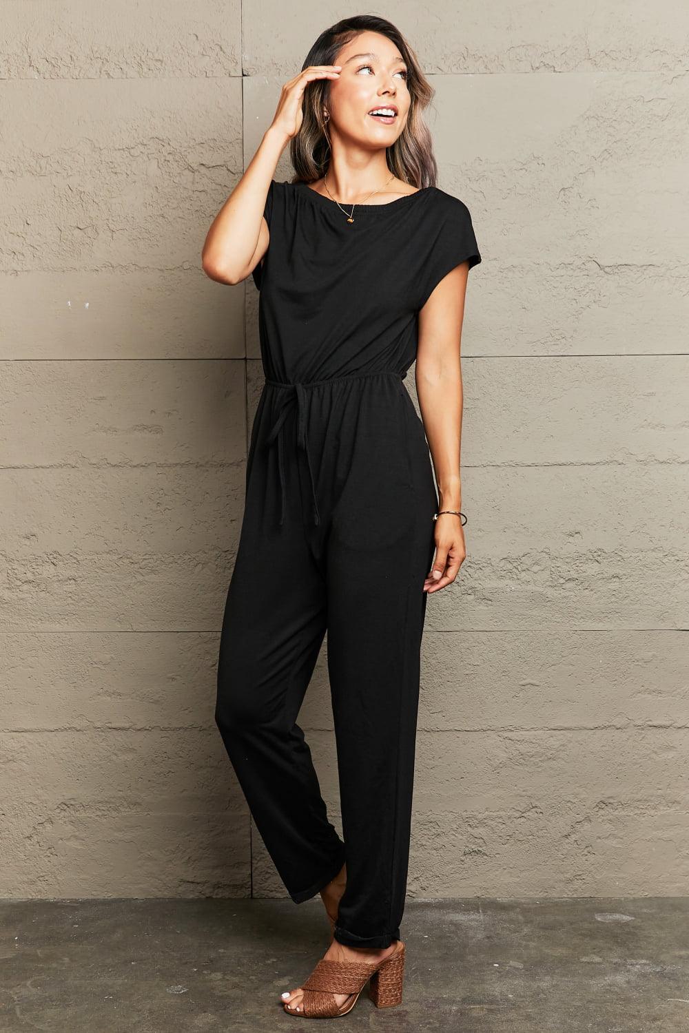 Get trendy with Boat Neck Short Sleeve Jumpsuit with Pockets - Jumpsuits available at Styles Code. Grab yours today!