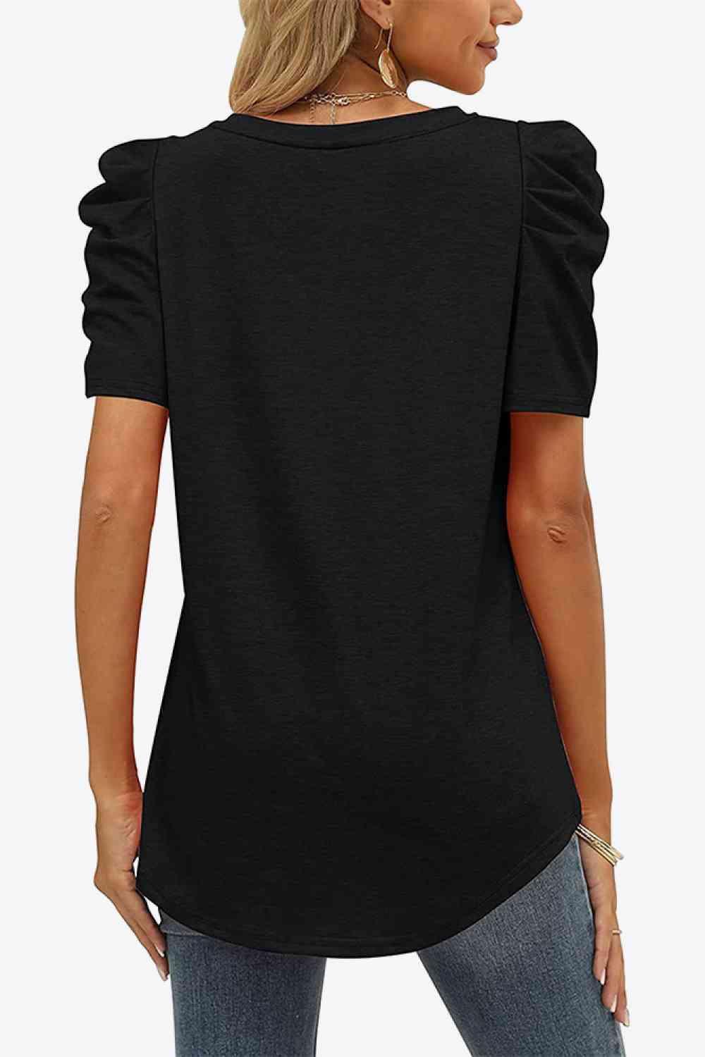 Get trendy with V-Neck Puff Sleeve Tee - T-Shirt available at Styles Code. Grab yours today!