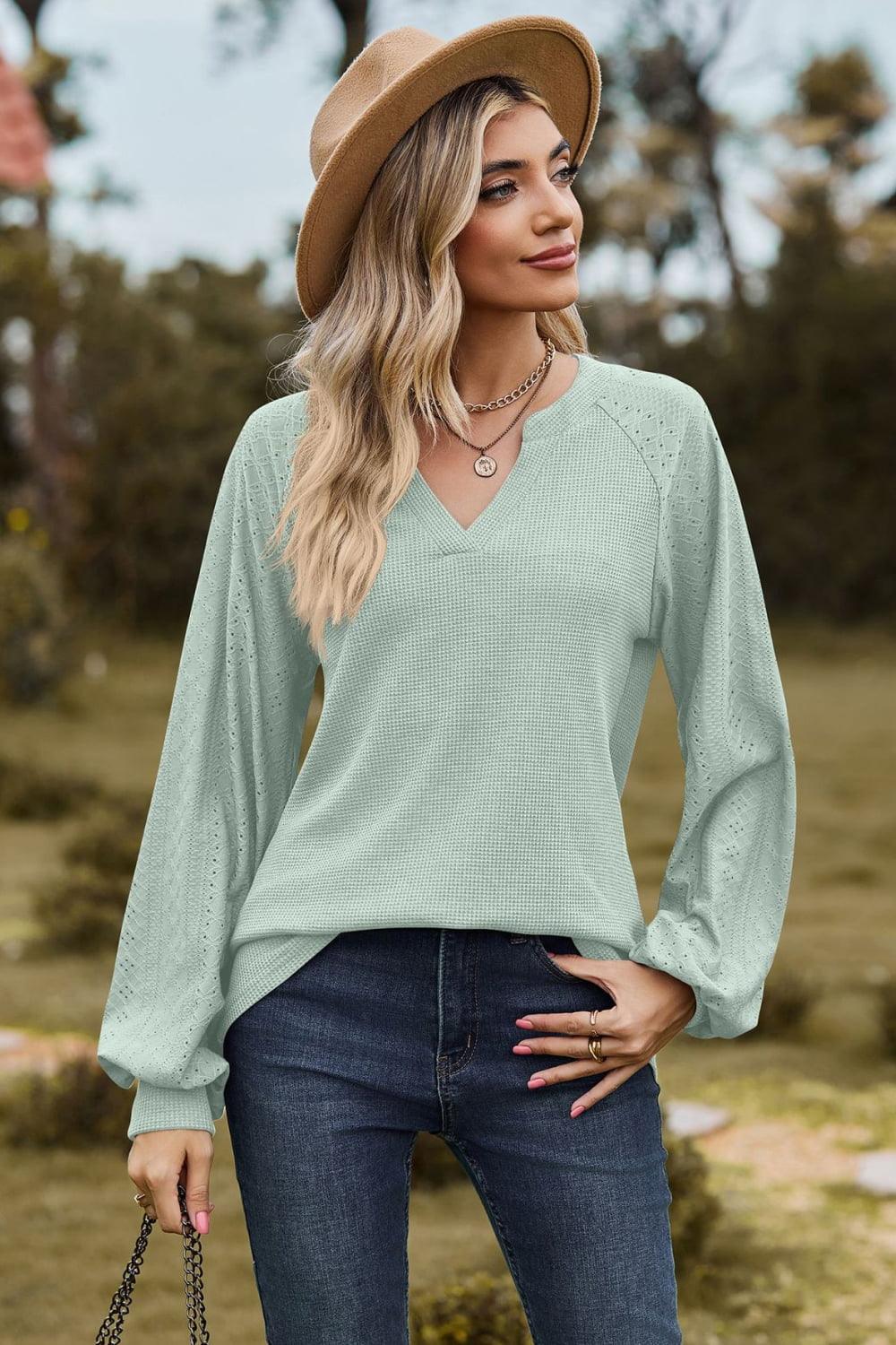 Get trendy with Notched Neck Raglan Sleeve Blouse - Tops available at Styles Code. Grab yours today!