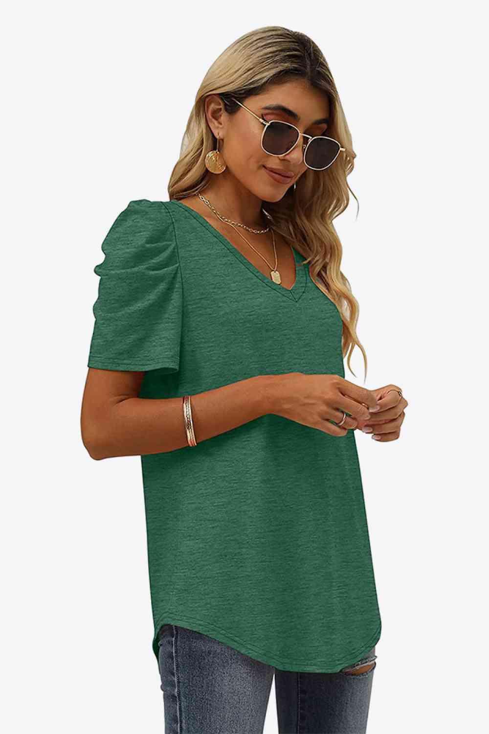 Get trendy with V-Neck Puff Sleeve Tee - T-Shirt available at Styles Code. Grab yours today!