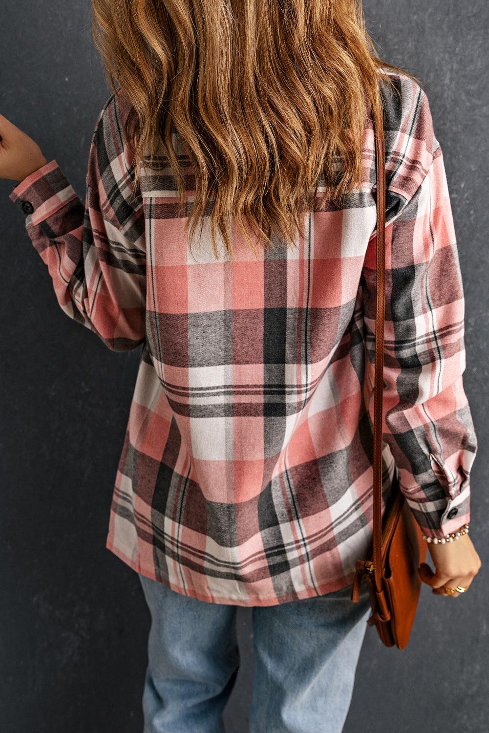 Get trendy with Plaid Dropped Shoulder Longline Shirt - Tops available at Styles Code. Grab yours today!