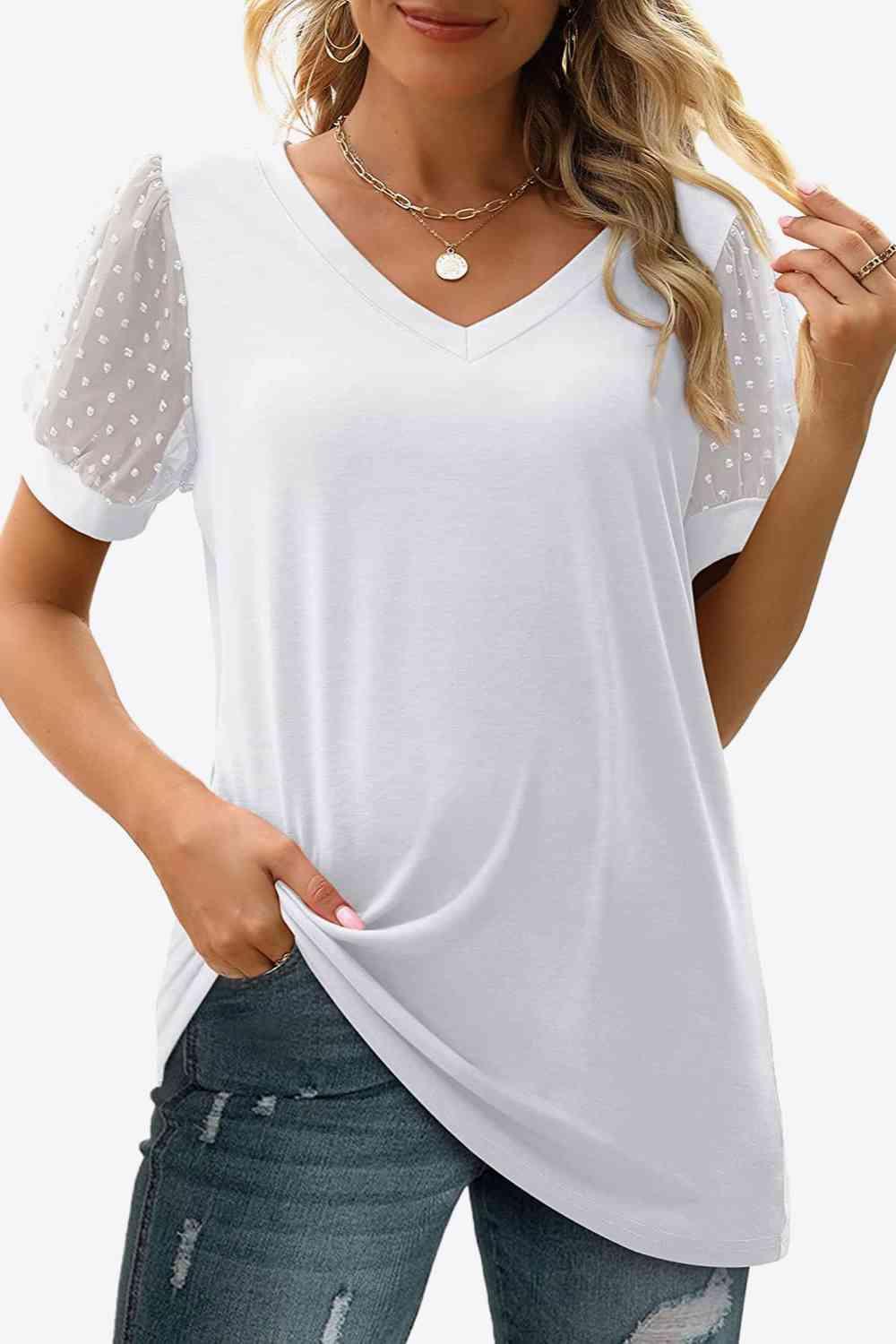 Get trendy with Swiss Dot Puff Sleeve V-Neck Tee - T-Shirt available at Styles Code. Grab yours today!